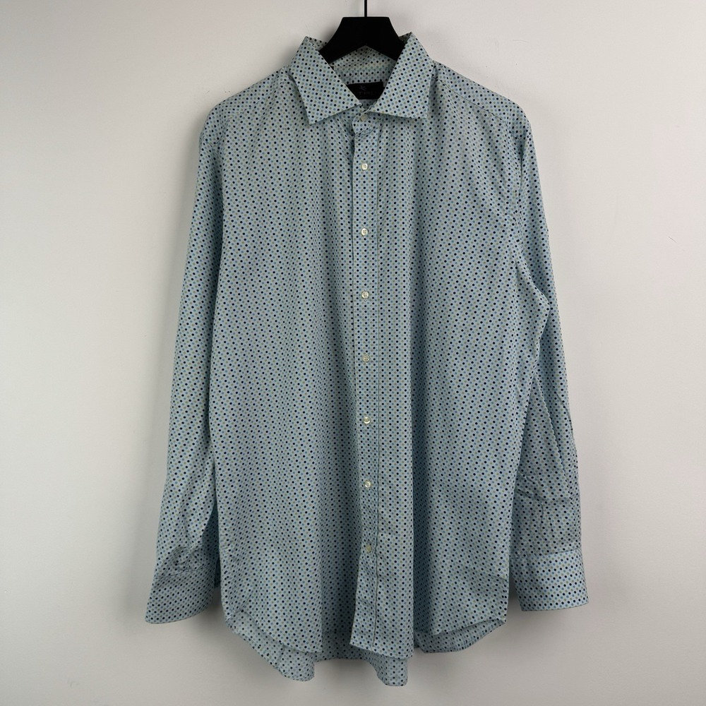 Etro Milano Shirt Mens 44 White Blue Polka Dots Button Down Italy Long Sleeve